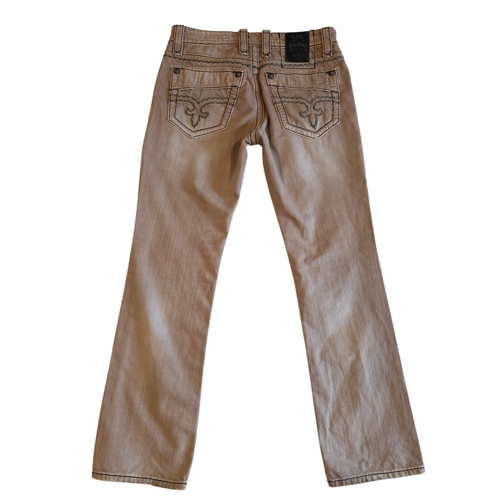 Rock Revival Kingsley Straight Leg Jeans Tan Khaki Embroidered Mens 32 TJ8908T3
